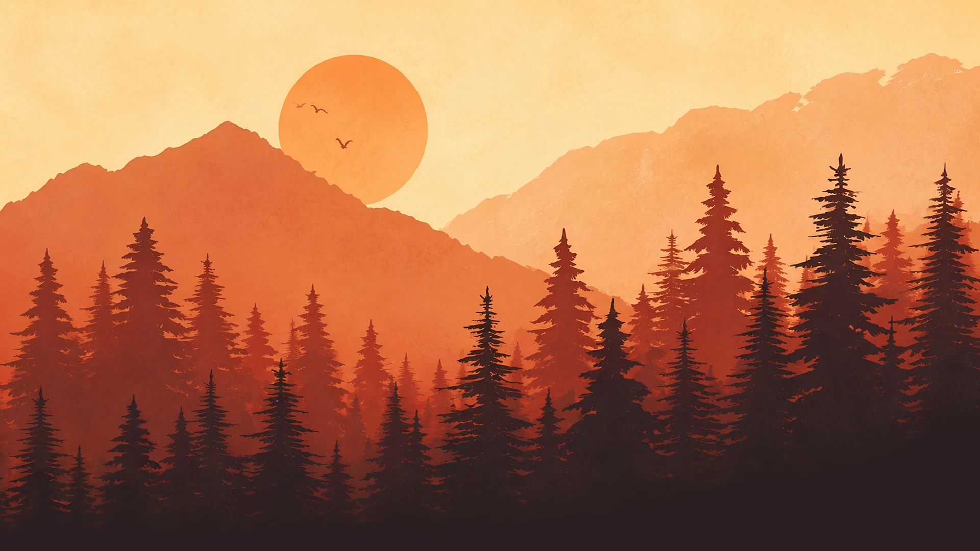 Silhouetted pine trees with orange mountains and sun setting behind, three birds flying in sky.