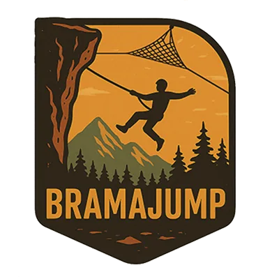 Logo with a person jumping off a cliff using a rope and safety net, with mountains and trees background.